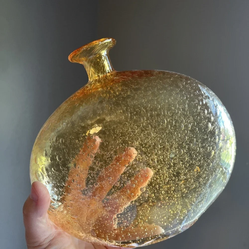 Vintage Bubble Glass Vase Amber Yellow Art Glass Contemporary MCM